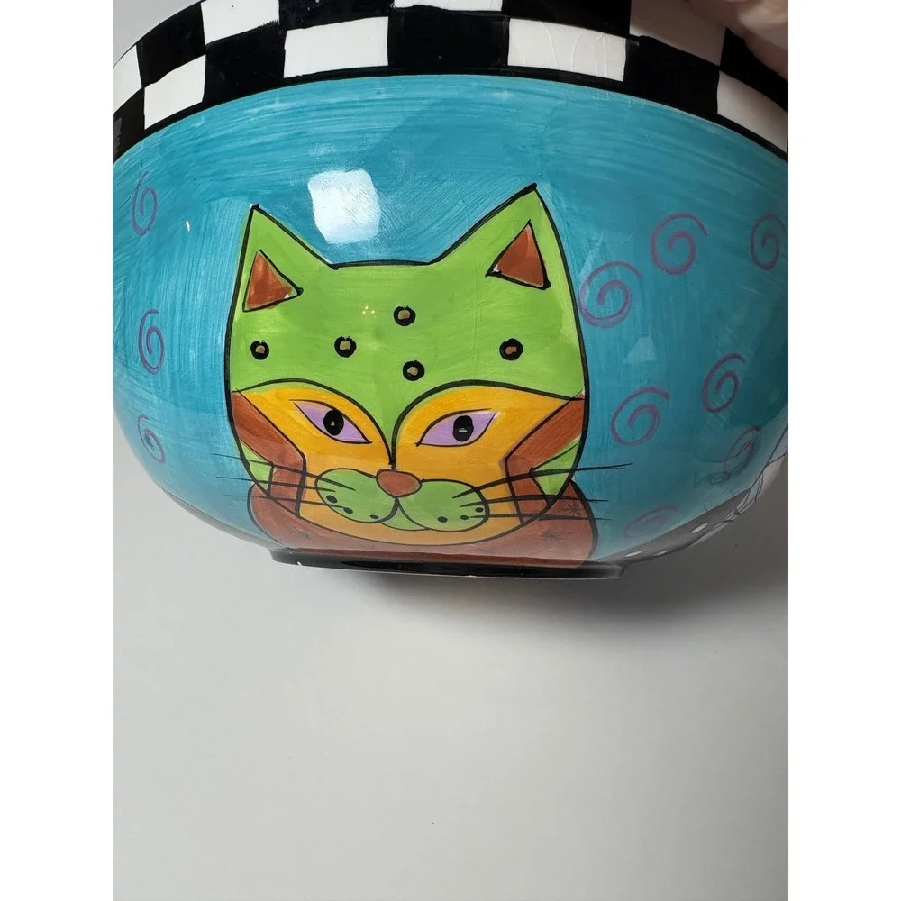 Whimsical Hand Painted by Milson & Louis Ceramic Bowl Turquoise Checkered Rim